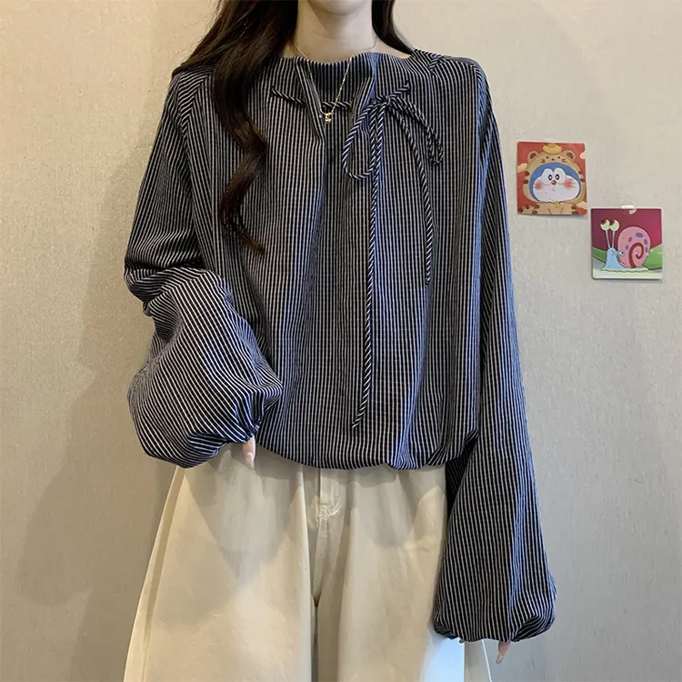 设计感条纹长袖衬衫女秋季大码胖MM显瘦遮肚子抽绳衬衣上衣打底衫