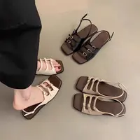 【万达清仓】新款法式高级露趾女软底一字带皮带扣罗马时尚凉鞋1-3