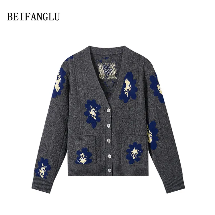 北方鹿100%绵羊毛气质V领太阳花提花针织开衫251466