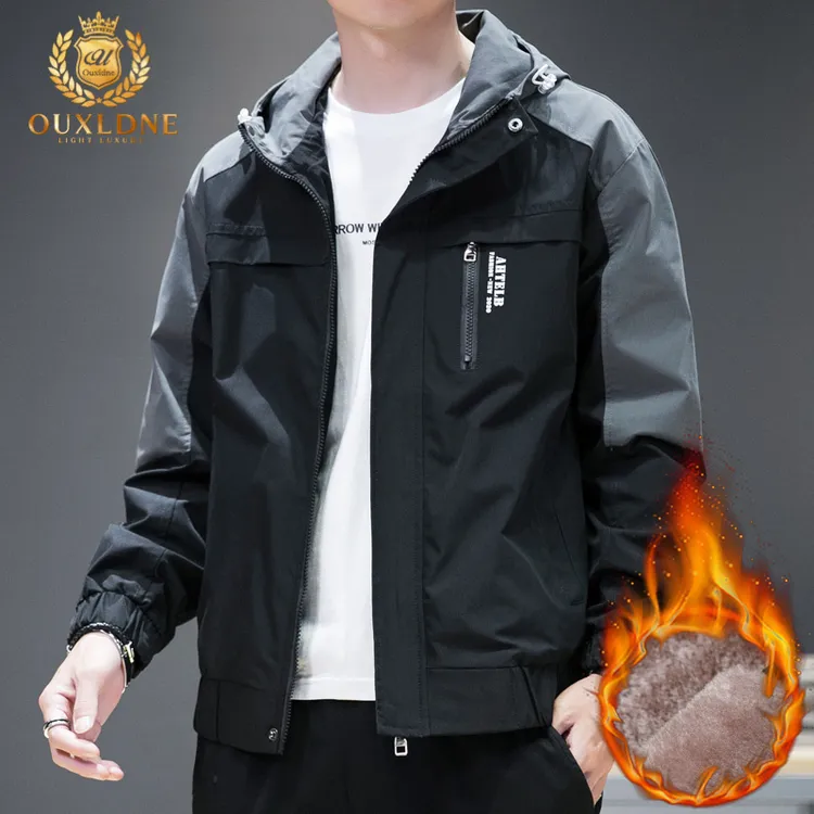 OUXLDNE 户外冲锋衣外套男士秋冬季新款宽松潮流工装连帽防风夹克
