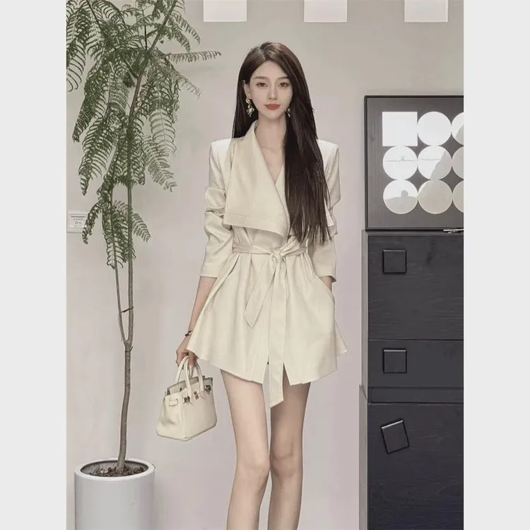 韩系职业绑带西装外套女秋季气场强大新款长袖西服宽松显瘦风衣潮