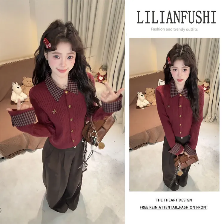 今年流行穿搭一整套2025新款假两件长袖针织衫显瘦阔腿裤两件套女