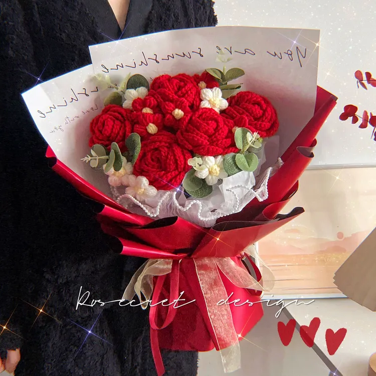 毛线玫瑰花束编织手工钩织花束生日礼物送女友七夕情人节DIY礼物