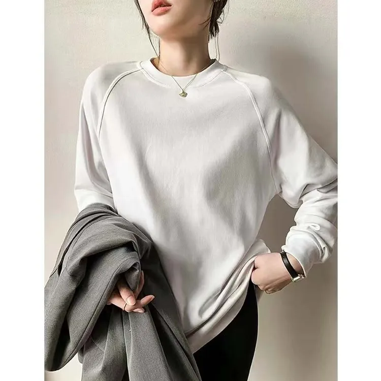 白色长袖t恤女2025秋季宽松中长款叠穿上衣遮屁股内搭棉质打底衫
