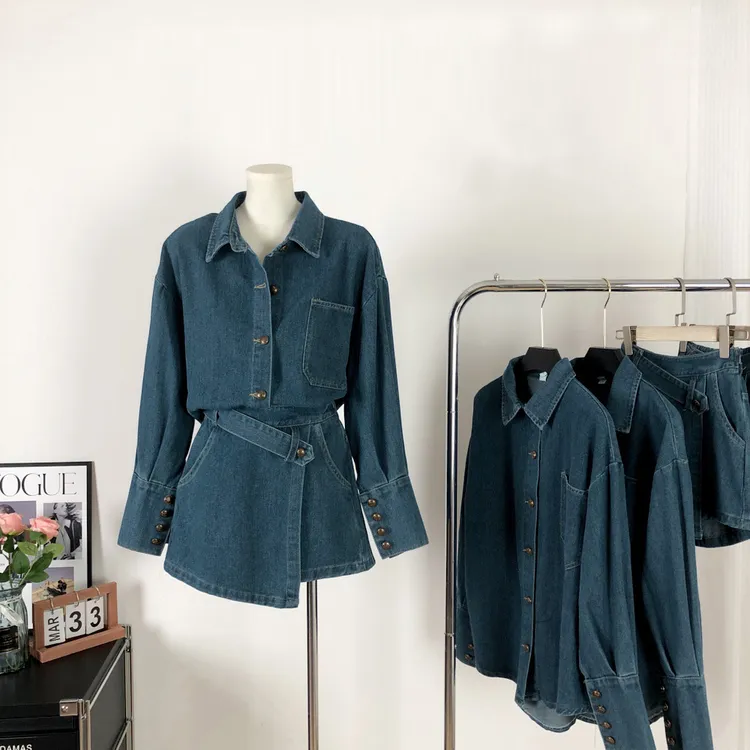 上衣港味复古早春套装Polo领牛仔外套女不规则A字短裙子两件套