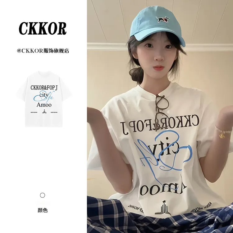 CKKOR重磅纯棉创意印花短袖T恤女夏季百搭韩系时尚圆领半袖上衣潮
