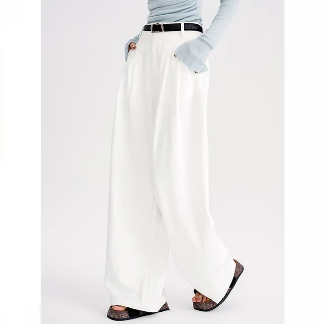 APPLEPIEORDER白色西装裤阔腿裤女早春季高腰拖地裤垂感裤子