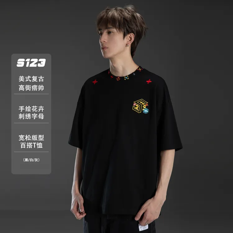 聪明陈S123 小众创意个性刺绣字母印花短袖T恤美式复古高街宽松百