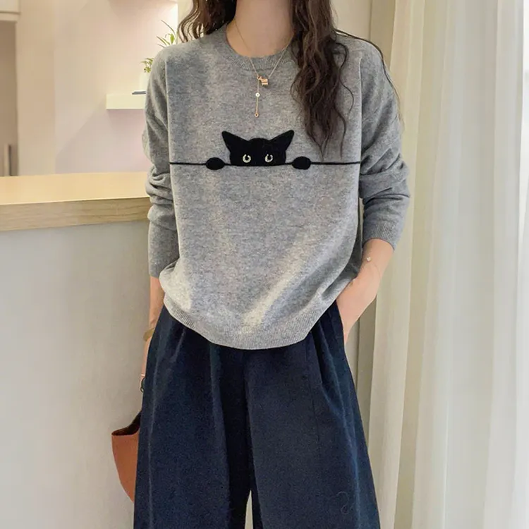 韩系宽松时尚圆领套头长袖提花卡通猫咪针织打底衫秋冬新款毛衣女