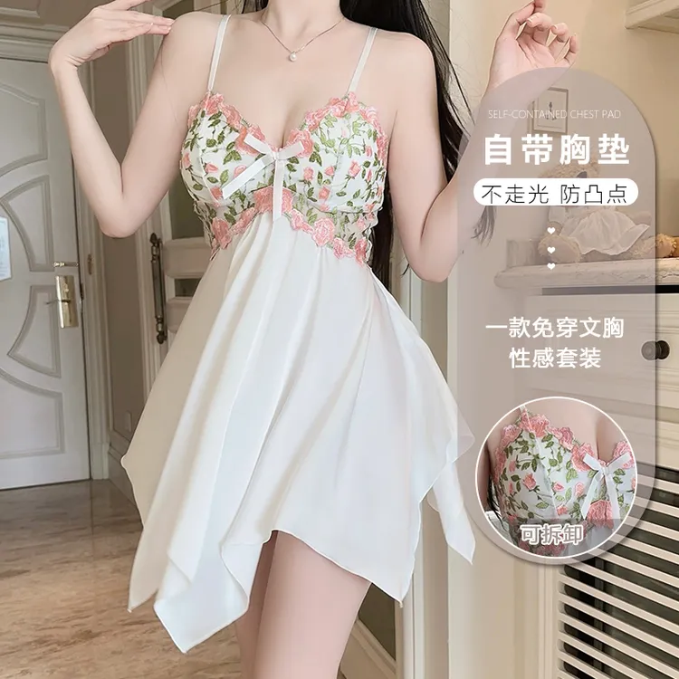 甜美性感短款植物花卉睡裙大码家居服丁高档妈妈款吊带纯欲睡衣女