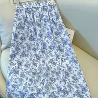 9569蓝色碎花雪纺半身裙夏季新款温柔风百褶中长款a字大摆裙