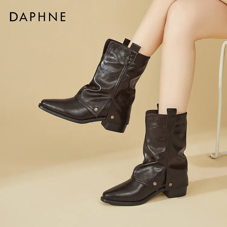 达芙妮尖头裤管靴女加绒棕色小短靴2025秋冬新款骑士马丁靴中筒靴