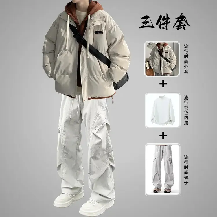 冬季加厚棉服套装男生假两件棉衣连帽外套痞帅男装穿搭保暖三件套