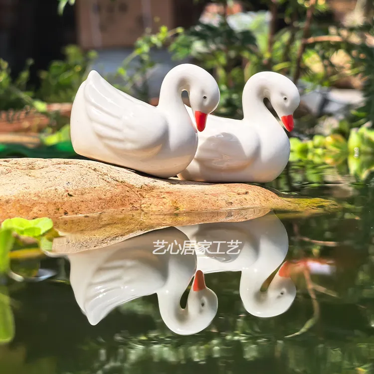 陶瓷白天鹅小天鹅微景观小摆件动物模型盆景鱼缸水池假山造景装饰