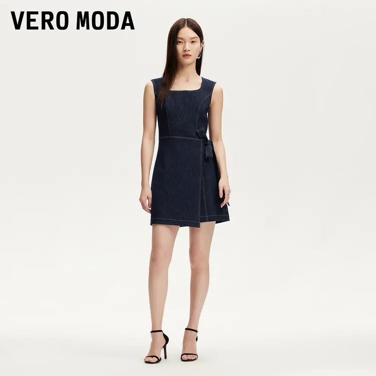 Vero Moda连衣裙2025秋季新款含棉方领腰侧系带宽肩带325342008