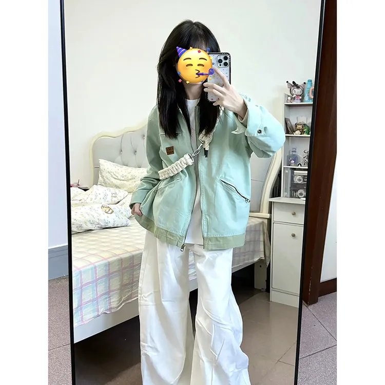 美式复古薄荷绿底特律工装夹克秋季高级感翻领外套cleanfit棒球服