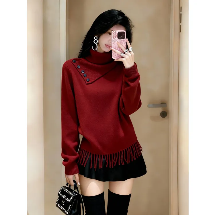 2025冬季新款洋气绝美红色上衣氛围感独特别致气质长袖毛衣针织衫