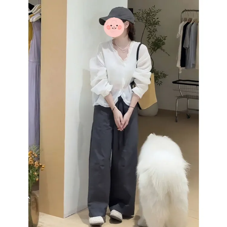 韩系甜美减龄简约V领长袖衬衫2025夏新款宽松高腰抽绳休闲裤套装