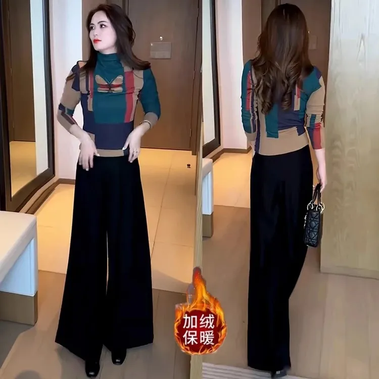 加绒保暖半高领打底衫女T恤2024冬季新款时尚洋气设计感拼色上衣