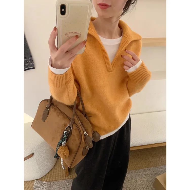 美貌色系！太好看了好看灰色软糯毛衣女秋冬加厚慵懒v领针织衫上衣