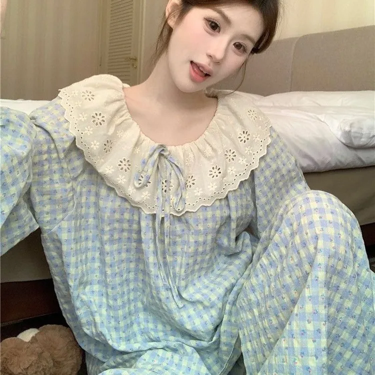 ins大翻领蕾丝花边云朵棉睡衣女士春秋季格子卡通学生家居服套装