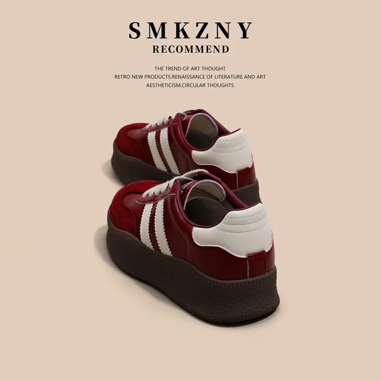 酒红色真皮厚底德训鞋女款2025新款秋季百搭休闲运动阿甘鞋MQ605