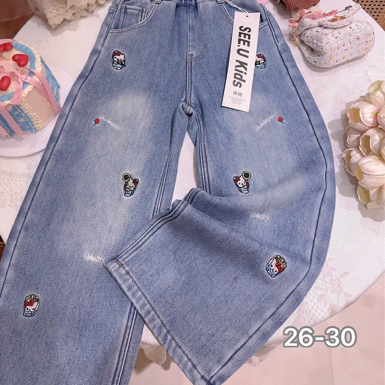 女大童加绒牛仔裤卡通秋冬加厚直筒裤微辣裤可爱百搭裤子女生