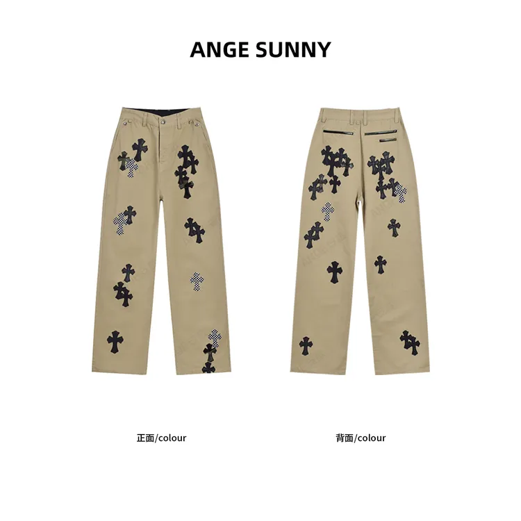 ANGE SUNNY【杨颖同款 十字拼皮工装裤】卡其色潮流独特拼皮休闲裤