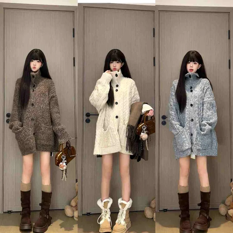 慵懒风软糯咖啡色毛衣外套女2025秋冬新款宽松显瘦大口袋保暖上衣