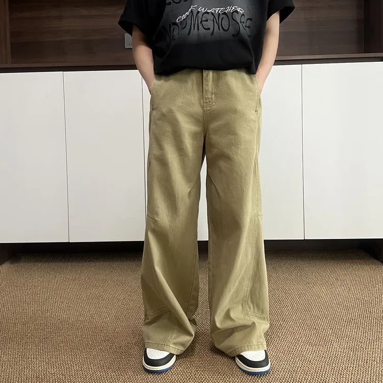 2025新款美式不规则拼接工装裤男士阔腿宽松直筒牛仔裤男款长裤