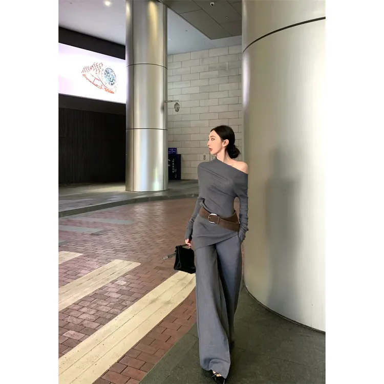 辣妹御姐风不规则露肩修身上衣套装女百搭宽松灰色阔腿长裤两件套