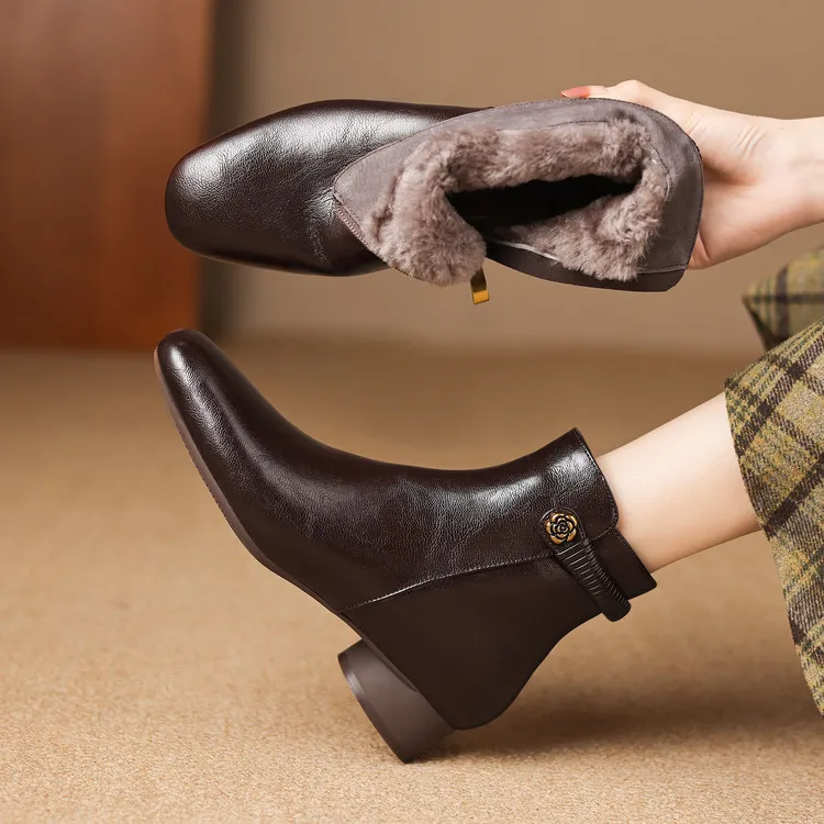 羊羔毛牛皮3cm～复古低跟厚毛短靴舒适马丁靴女冬季粗跟时装靴短筒
