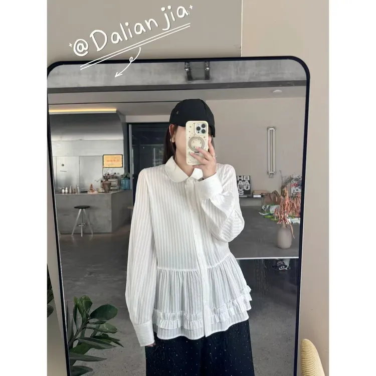 晶咕佳佳【公主早茶】竖纹气质翻领下摆荷叶边衬衫显瘦长袖白色时尚