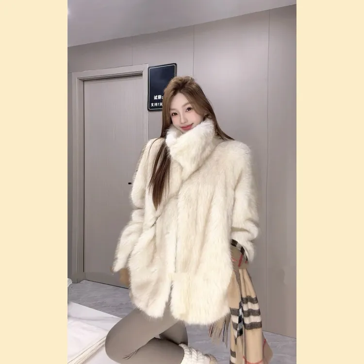 韩系显瘦立领翻领中长款女毛毛外套气质百搭加厚皮毛一体冬季秋冬