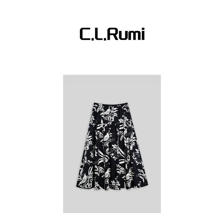 【Rumi女装】“花海漫步”25春夏薄款显瘦松复古紧腰印花半裙6644bq