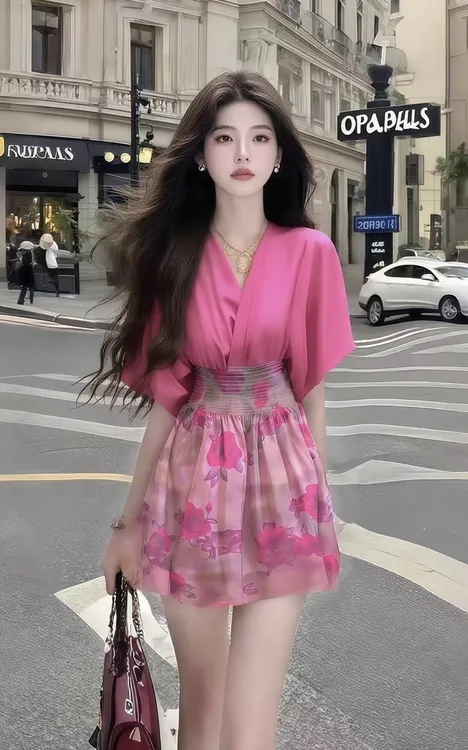 温柔纯欲千金风松弛感V领短袖收腰玫红色连衣裙时尚气质高级女装