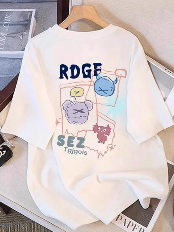 白色卡通圆领纯棉短袖t恤女2025夏季新款半袖体恤宽松大码上衣潮