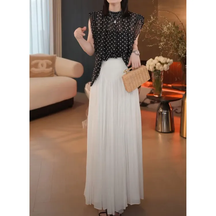 2025夏季新款时尚洋气波点无袖罩衫+半身裙两件套设计感减龄套装
