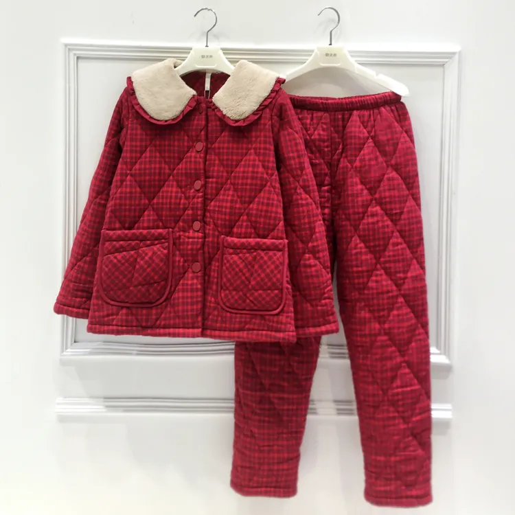 妮可雅三层夹棉睡衣女2025新款冬季加厚加绒磨毛纯棉格子家居服