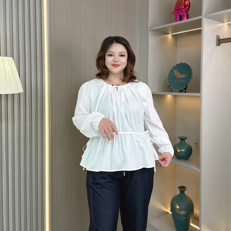 大码女装法式甜美减龄娃娃衫女春秋季新款褶皱设计感宽松长袖衬衣