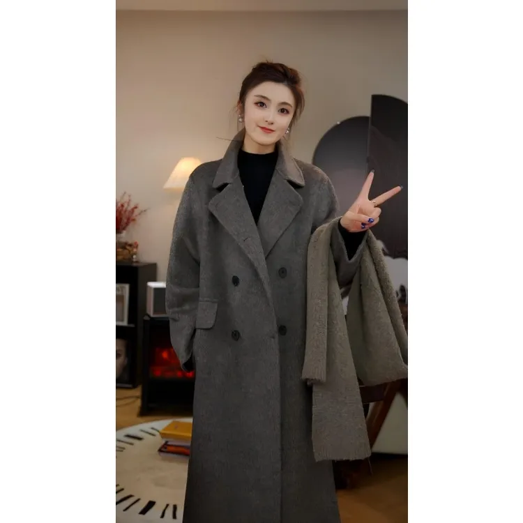 2025圣逸原创1720设计时尚宽松中长款秋冬氛围感双面毛呢大衣