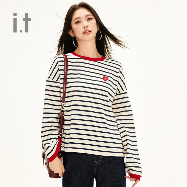 CHOCOOLATE撞色条纹设计圆领套头卫衣春季百搭宽松上衣