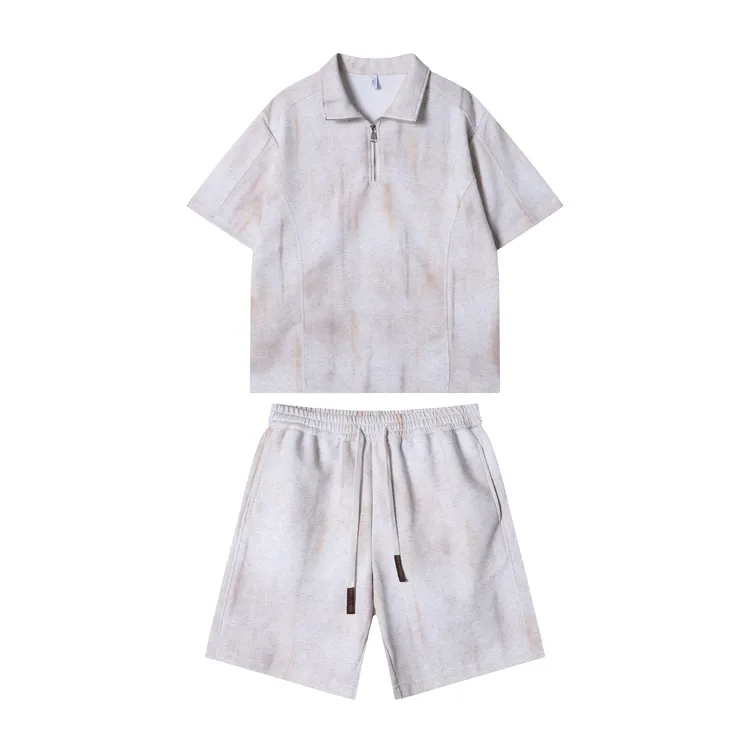 夏季高级感新款韩版扎染半拉链翻领短袖T恤抽绳简约短裤时尚套装