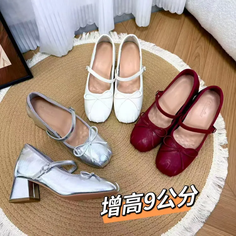 2025新款粗跟内增高9CM玛丽珍鞋女法式气质小个子高跟芭蕾单鞋