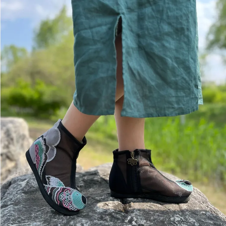 2025春夏千层底网纱国潮高跟时尚女性网面防滑女士百搭鞋子布鞋