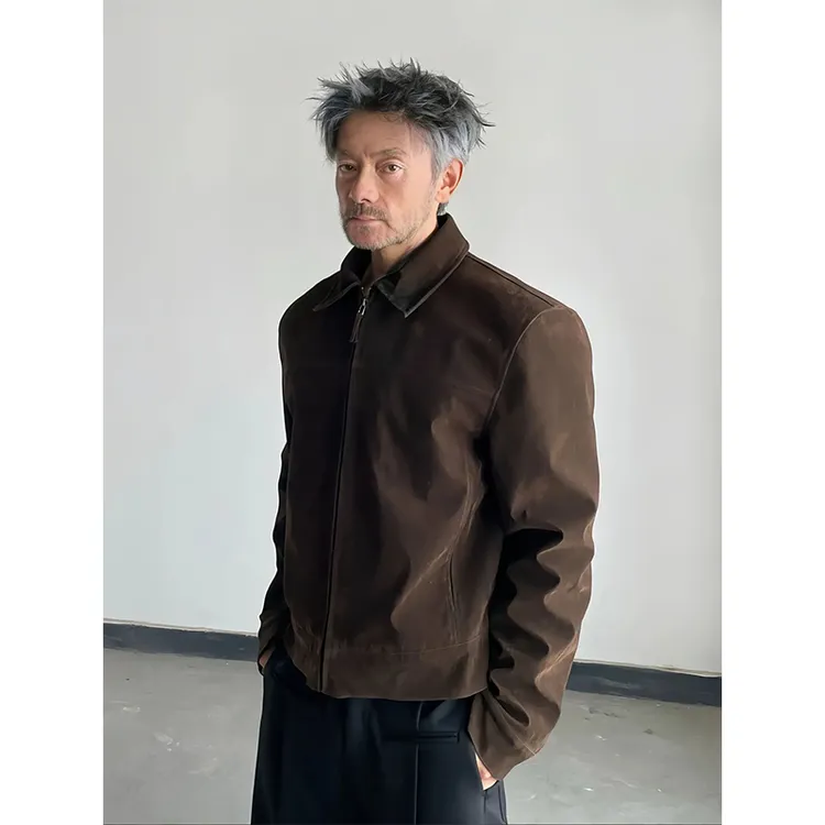 棕色美拉德短款外套男春秋款古着vintage工装夹克正肩翻领棒球服