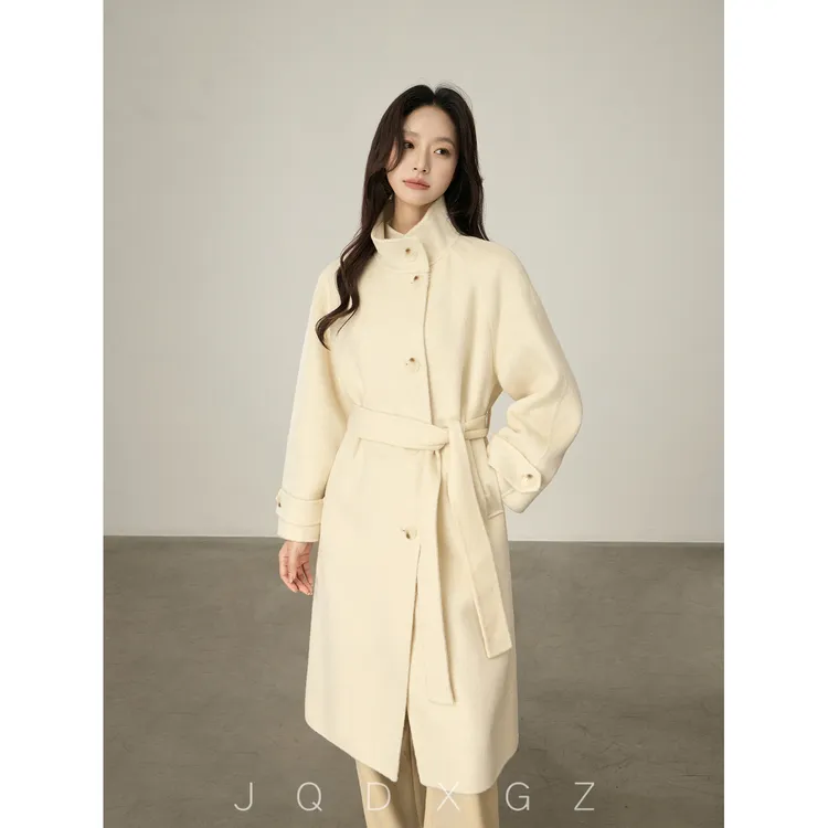 白色中长款羊毛羊绒大衣女士秋冬高级感立领毛呢外套24DW494
