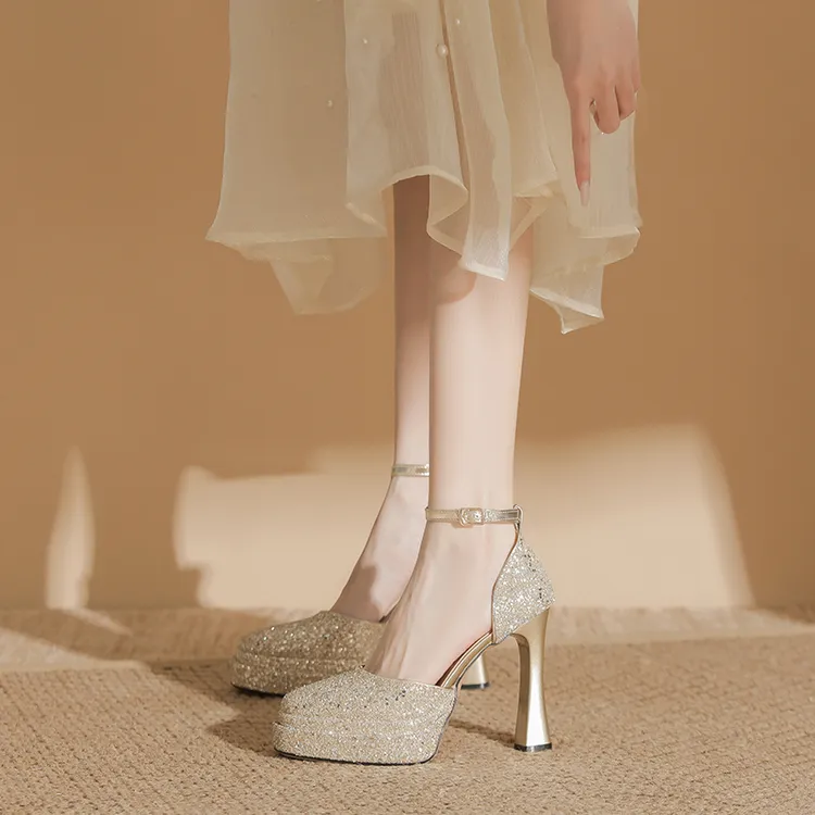 不累脚玛丽珍新娘主婚纱鞋粗跟厚底神器防水台高跟鞋女订婚水晶鞋