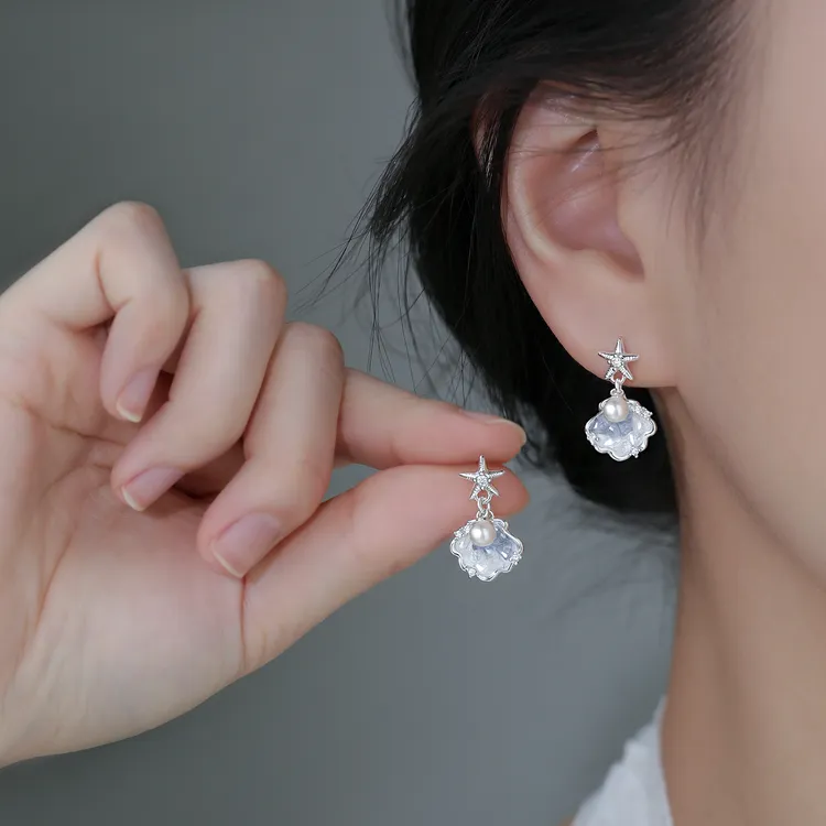 足银仿珍珠耳饰 999银针海星贝壳耳钉小众清新设计感耳环女生精致