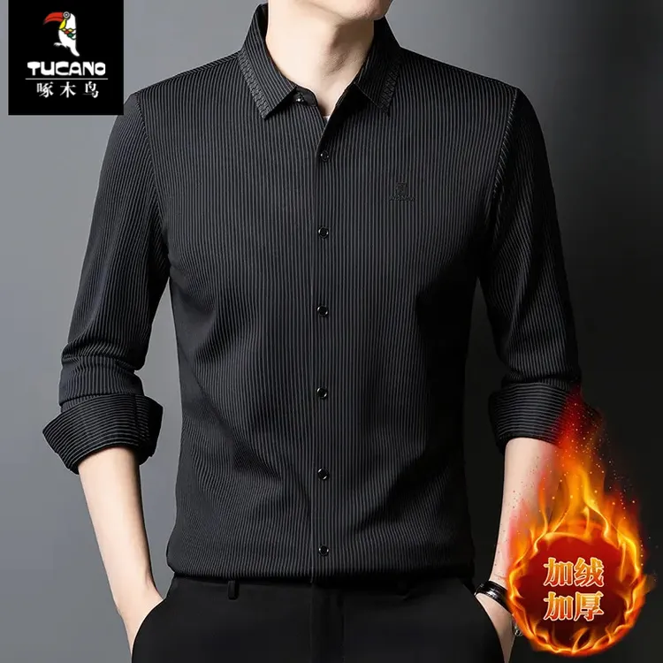 啄木鸟加绒加厚衬衫男士冬季竖条纹弹力抗皱无痕休闲商务保暖上衣